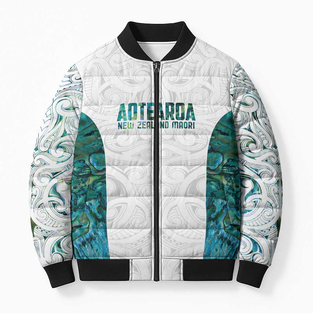 Custom New Zealand Aotearoa Bomber Puffer Jacket Green Maori Paua Shell Indigenous - Aussie Hoodie