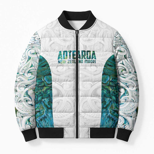 Custom New Zealand Aotearoa Bomber Puffer Jacket Green Maori Paua Shell Indigenous - Aussie Hoodie