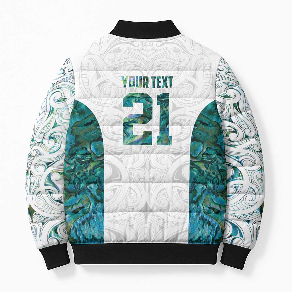 Custom New Zealand Aotearoa Bomber Puffer Jacket Green Maori Paua Shell Indigenous - Aussie Hoodie