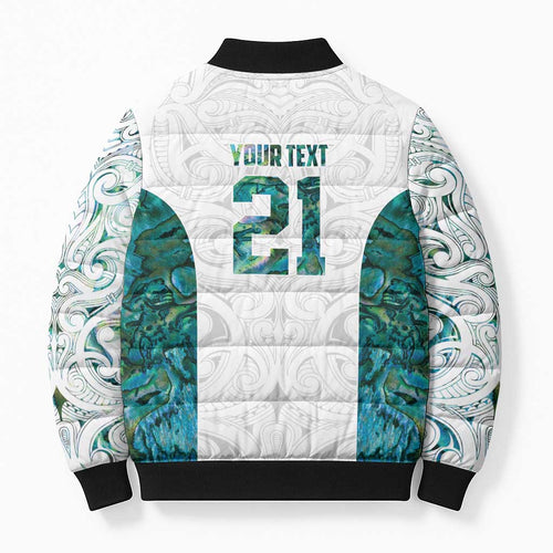 Custom New Zealand Aotearoa Bomber Puffer Jacket Green Maori Paua Shell Indigenous - Aussie Hoodie