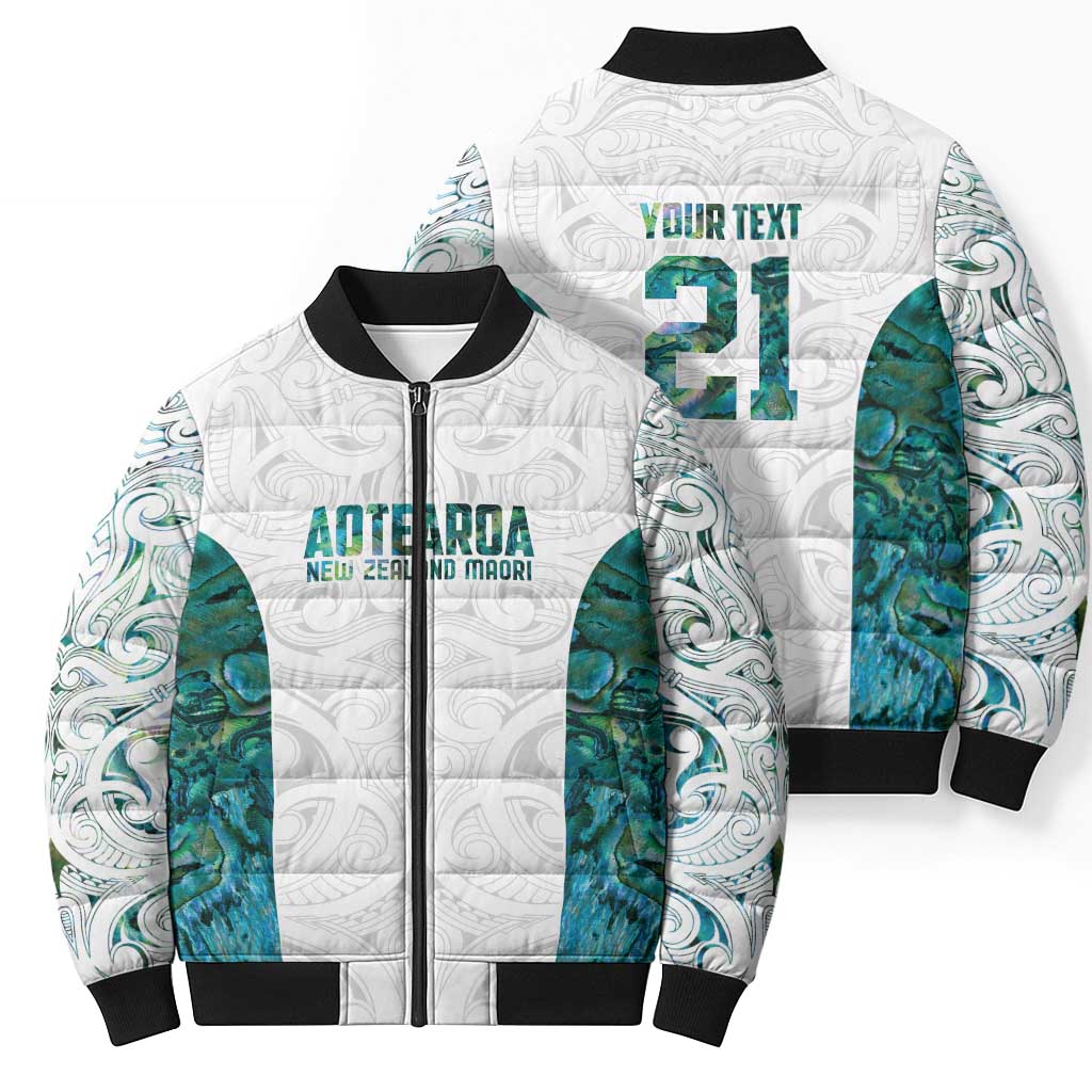 Custom New Zealand Aotearoa Bomber Puffer Jacket Green Maori Paua Shell Indigenous - Aussie Hoodie