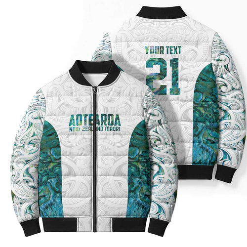 Custom New Zealand Aotearoa Bomber Puffer Jacket Green Maori Paua Shell Indigenous - Aussie Hoodie