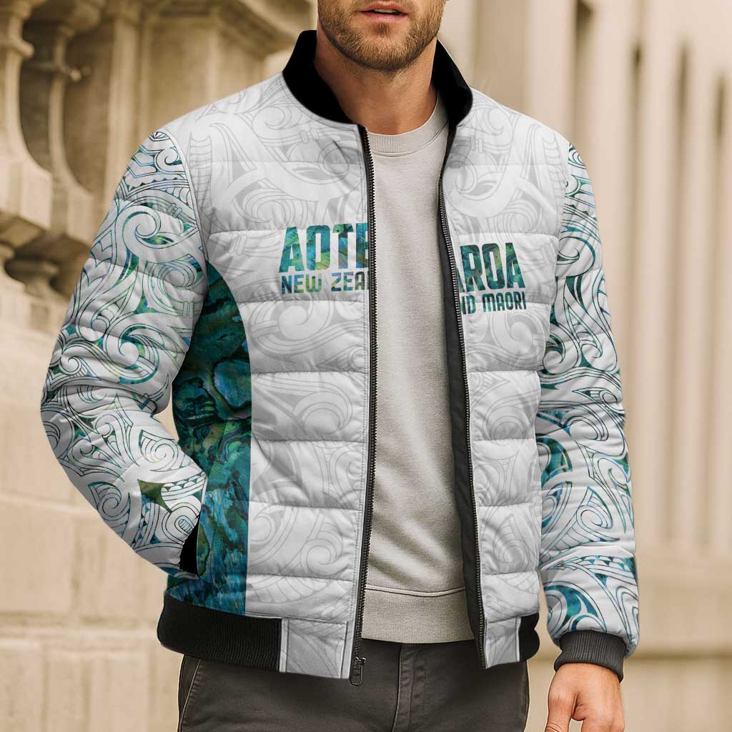 Custom New Zealand Aotearoa Bomber Puffer Jacket Green Maori Paua Shell Indigenous - Aussie Hoodie
