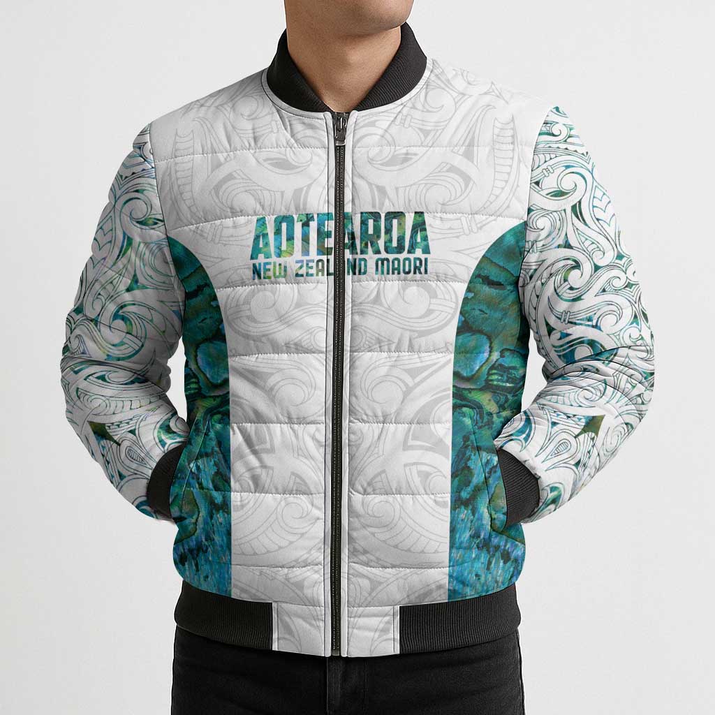 Custom New Zealand Aotearoa Bomber Puffer Jacket Green Maori Paua Shell Indigenous - Aussie Hoodie
