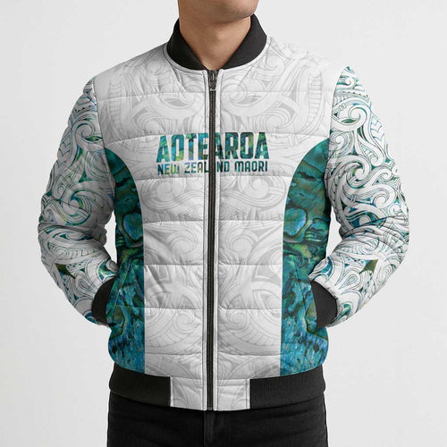 Custom New Zealand Aotearoa Bomber Puffer Jacket Green Maori Paua Shell Indigenous - Aussie Hoodie