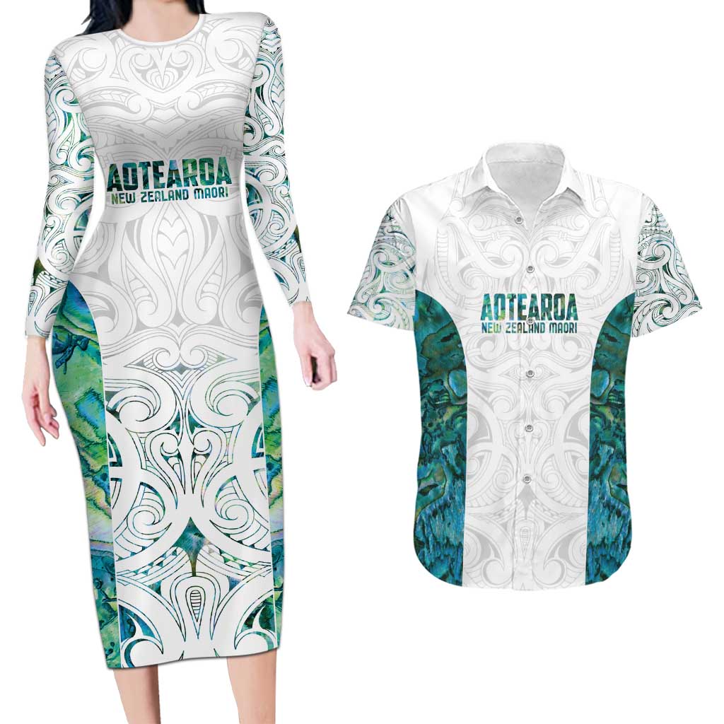Custom New Zealand Aotearoa Couples Matching Long Sleeve Bodycon Dress and Hawaiian Shirt Green Maori Paua Shell Indigenous - Aussie Hoodie