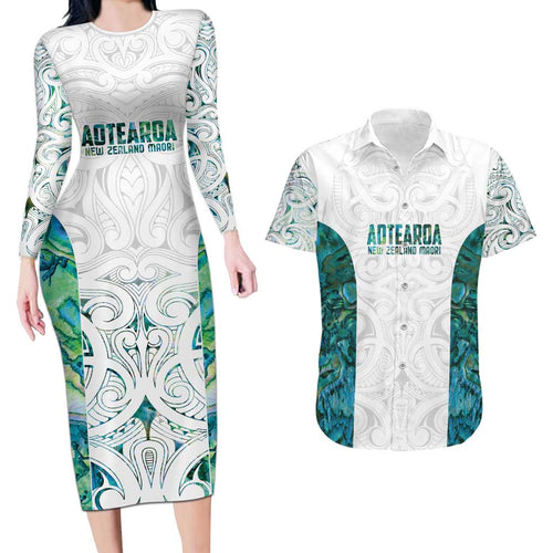Custom New Zealand Aotearoa Couples Matching Long Sleeve Bodycon Dress and Hawaiian Shirt Green Maori Paua Shell Indigenous - Aussie Hoodie