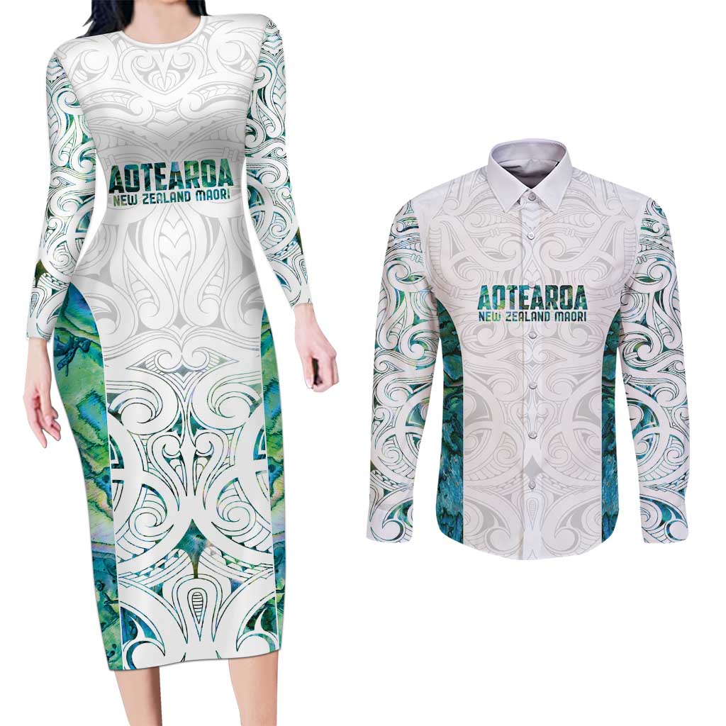 Custom New Zealand Aotearoa Couples Matching Long Sleeve Bodycon Dress and Long Sleeve Button Shirt Green Maori Paua Shell Indigenous - Aussie Hoodie