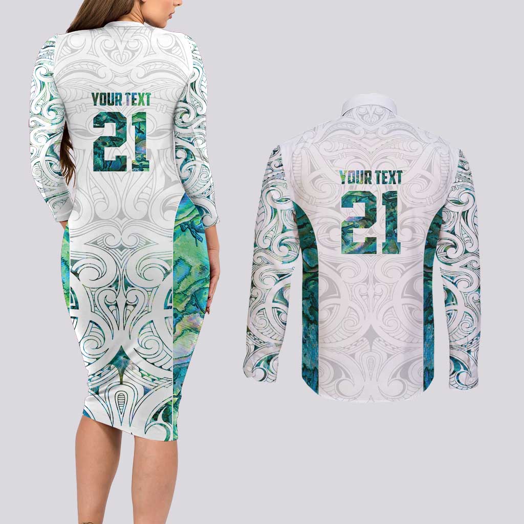 Custom New Zealand Aotearoa Couples Matching Long Sleeve Bodycon Dress and Long Sleeve Button Shirt Green Maori Paua Shell Indigenous - Aussie Hoodie