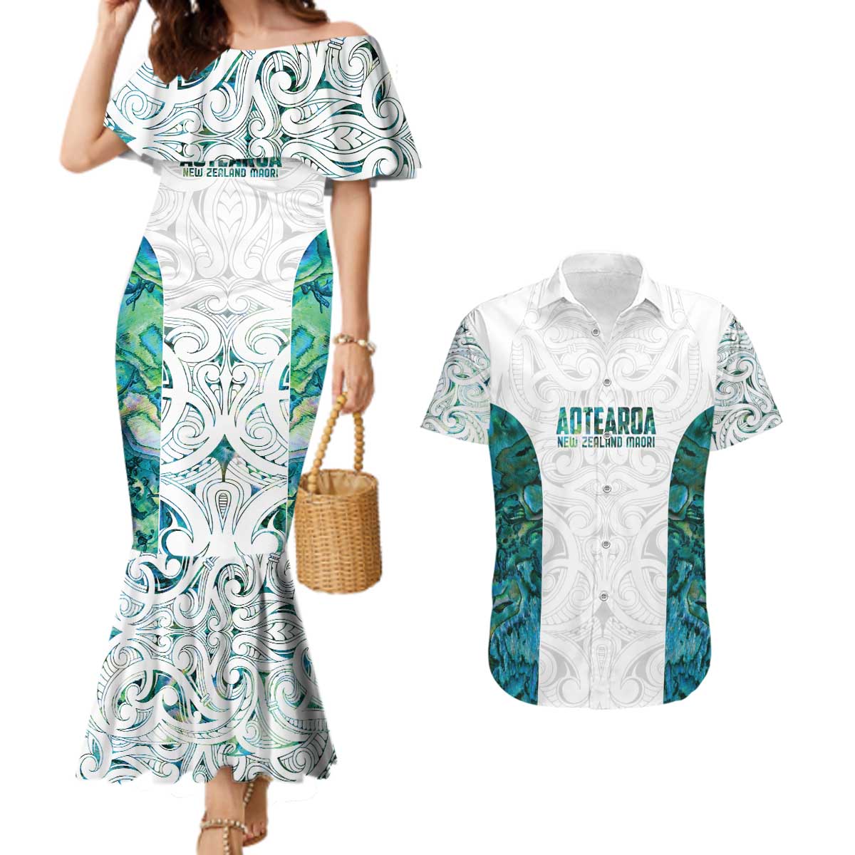 Custom New Zealand Aotearoa Couples Matching Mermaid Dress and Hawaiian Shirt Green Maori Paua Shell Indigenous - Aussie Hoodie
