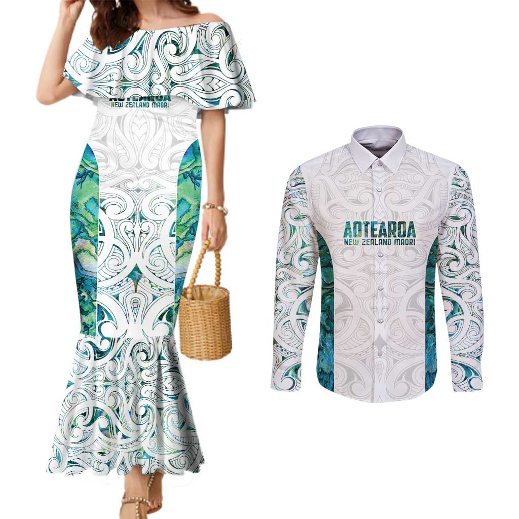 Custom New Zealand Aotearoa Couples Matching Mermaid Dress and Long Sleeve Button Shirt Green Maori Paua Shell Indigenous - Aussie Hoodie