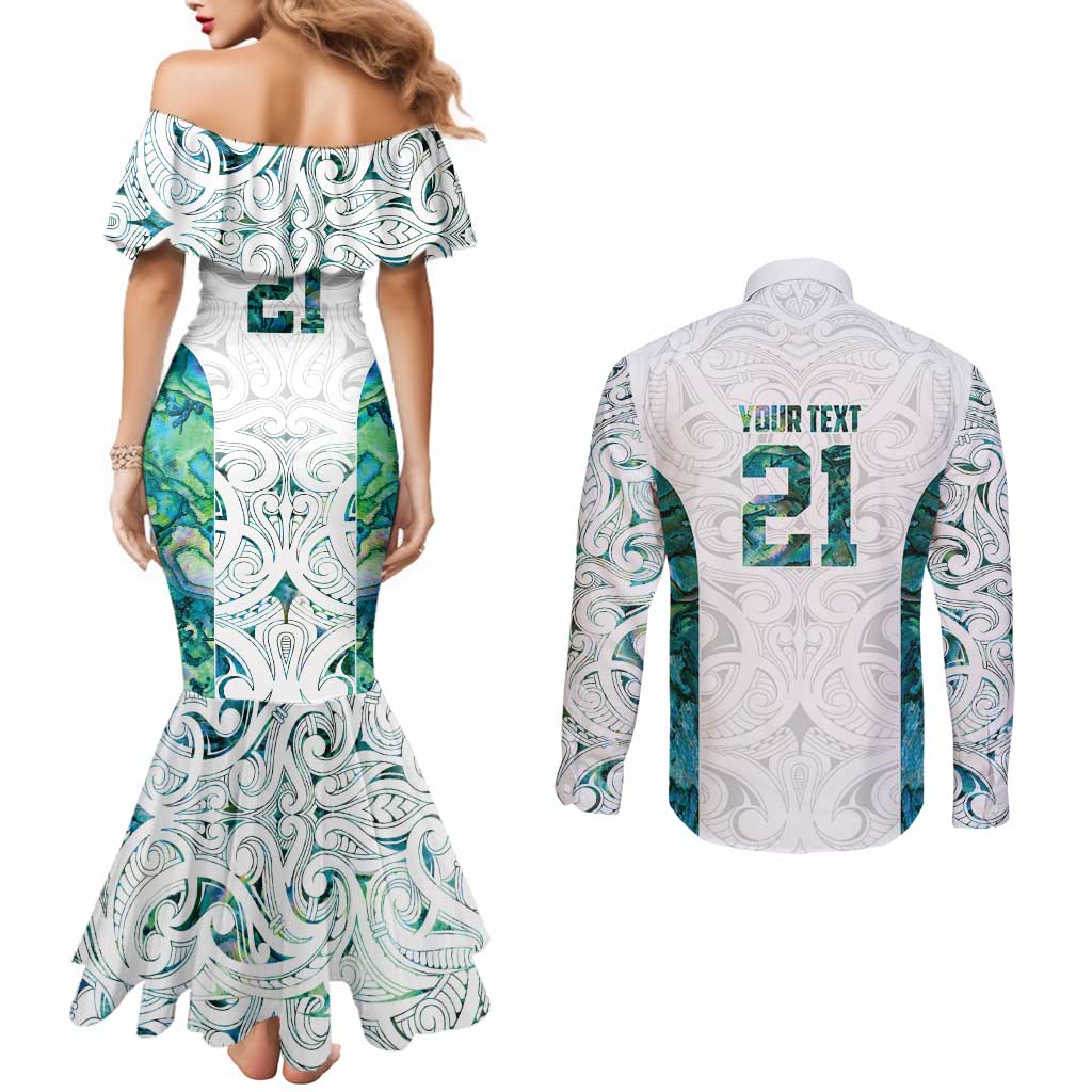 Custom New Zealand Aotearoa Couples Matching Mermaid Dress and Long Sleeve Button Shirt Green Maori Paua Shell Indigenous - Aussie Hoodie