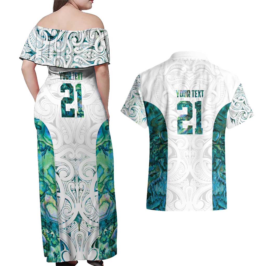 Custom New Zealand Aotearoa Couples Matching Off Shoulder Maxi Dress and Hawaiian Shirt Green Maori Paua Shell Indigenous - Aussie Hoodie