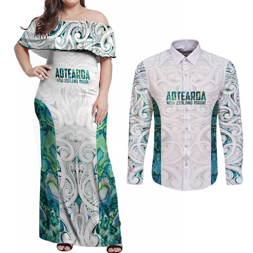 Custom New Zealand Aotearoa Couples Matching Off Shoulder Maxi Dress and Long Sleeve Button Shirt Green Maori Paua Shell Indigenous - Aussie Hoodie