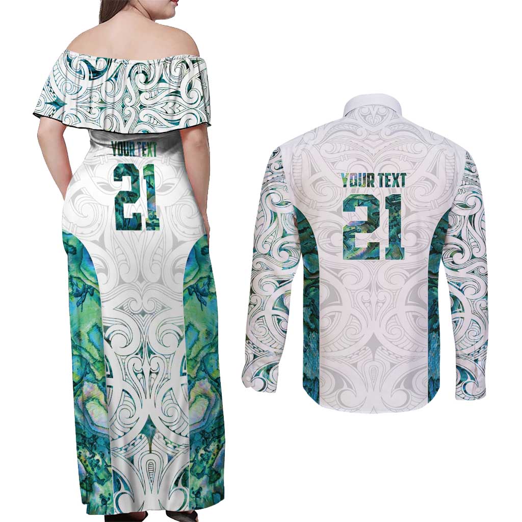 Custom New Zealand Aotearoa Couples Matching Off Shoulder Maxi Dress and Long Sleeve Button Shirt Green Maori Paua Shell Indigenous - Aussie Hoodie