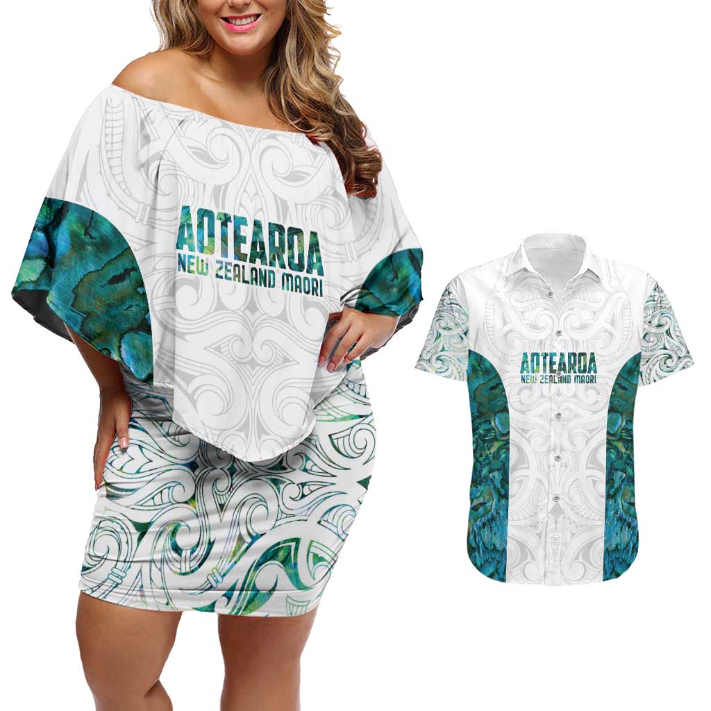 Custom New Zealand Aotearoa Couples Matching Off Shoulder Short Dress and Hawaiian Shirt Green Maori Paua Shell Indigenous - Aussie Hoodie