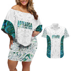 Custom New Zealand Aotearoa Couples Matching Off Shoulder Short Dress and Hawaiian Shirt Green Maori Paua Shell Indigenous - Aussie Hoodie