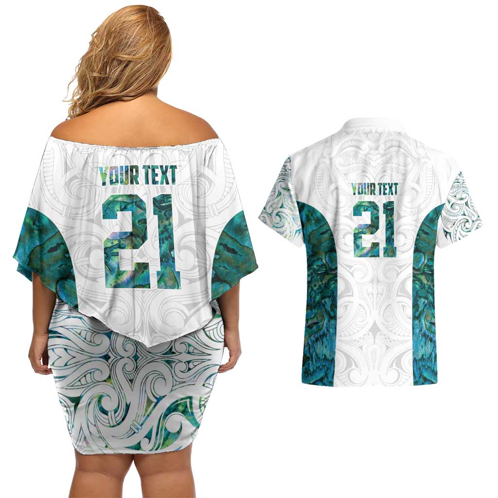Custom New Zealand Aotearoa Couples Matching Off Shoulder Short Dress and Hawaiian Shirt Green Maori Paua Shell Indigenous - Aussie Hoodie
