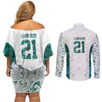 Custom New Zealand Aotearoa Couples Matching Off Shoulder Short Dress and Long Sleeve Button Shirt Green Maori Paua Shell Indigenous - Aussie Hoodie