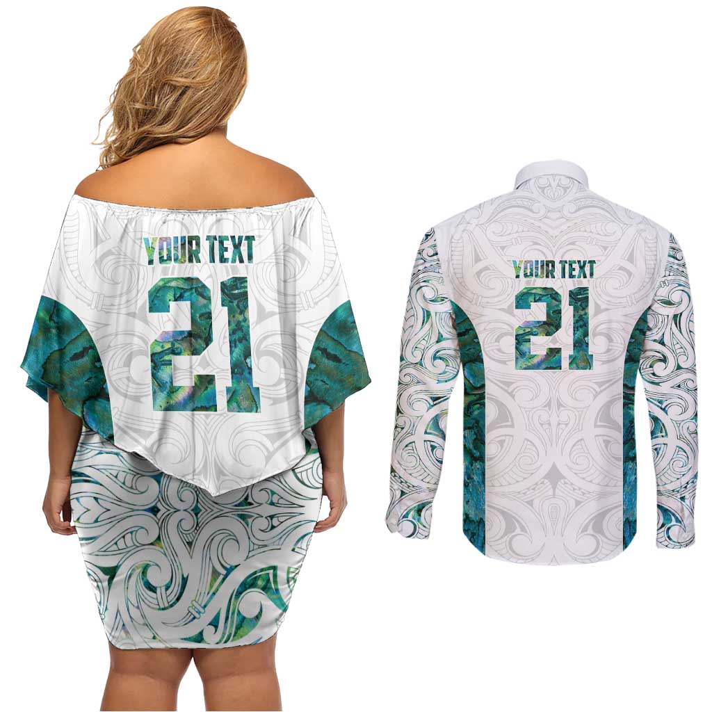 Custom New Zealand Aotearoa Couples Matching Off Shoulder Short Dress and Long Sleeve Button Shirt Green Maori Paua Shell Indigenous - Aussie Hoodie