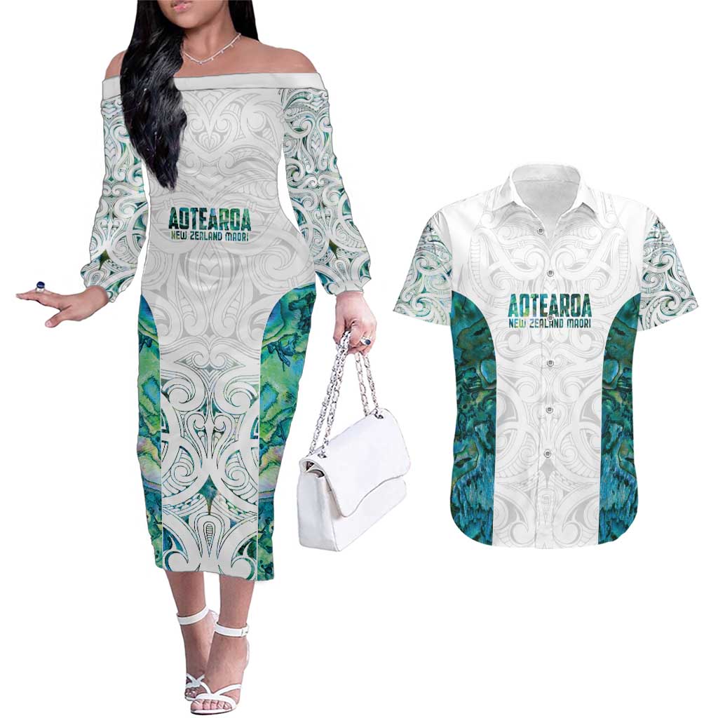 Custom New Zealand Aotearoa Couples Matching Off The Shoulder Long Sleeve Dress and Hawaiian Shirt Green Maori Paua Shell Indigenous - Aussie Hoodie