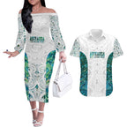 Custom New Zealand Aotearoa Couples Matching Off The Shoulder Long Sleeve Dress and Hawaiian Shirt Green Maori Paua Shell Indigenous - Aussie Hoodie