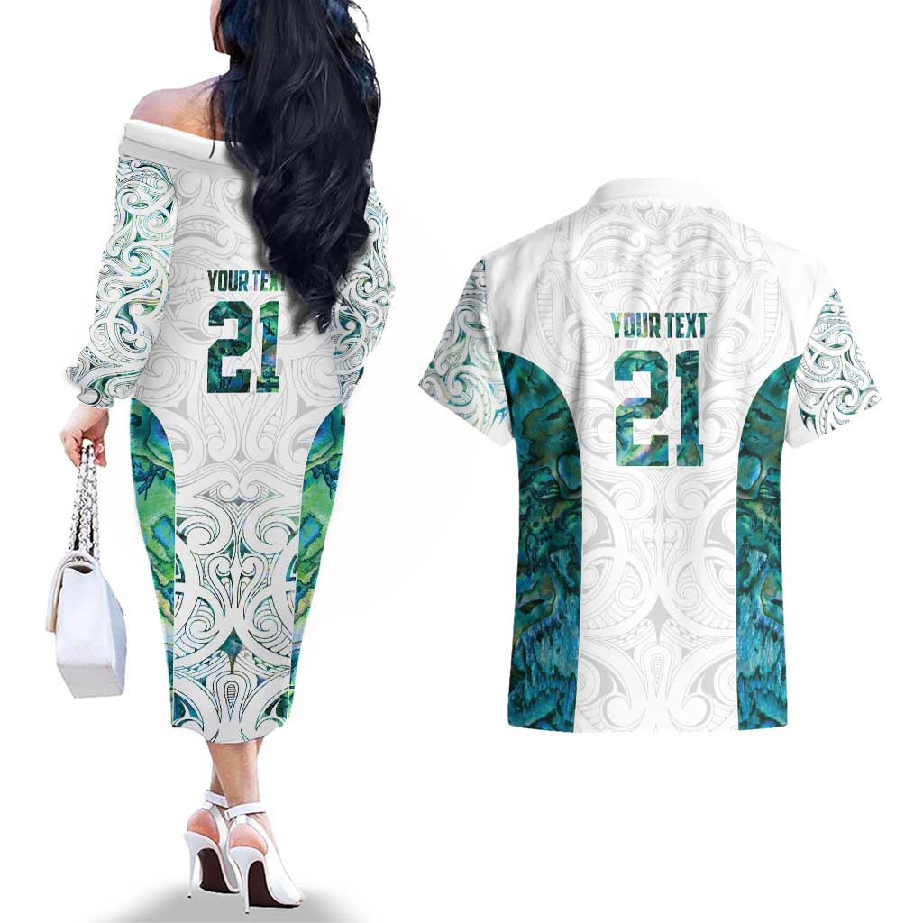 Custom New Zealand Aotearoa Couples Matching Off The Shoulder Long Sleeve Dress and Hawaiian Shirt Green Maori Paua Shell Indigenous - Aussie Hoodie