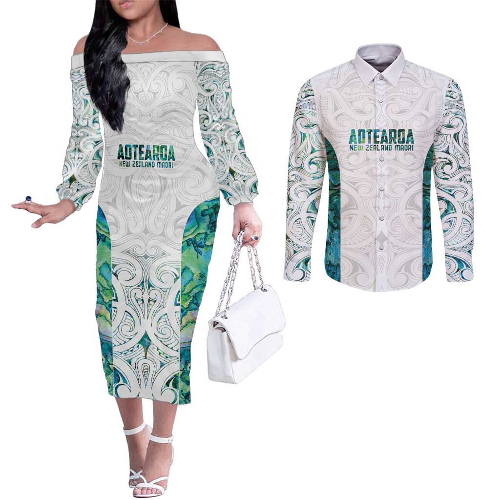 Custom New Zealand Aotearoa Couples Matching Off The Shoulder Long Sleeve Dress and Long Sleeve Button Shirt Green Maori Paua Shell Indigenous - Aussie Hoodie