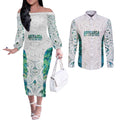 Custom New Zealand Aotearoa Couples Matching Off The Shoulder Long Sleeve Dress and Long Sleeve Button Shirt Green Maori Paua Shell Indigenous - Aussie Hoodie