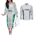 Custom New Zealand Aotearoa Couples Matching Off The Shoulder Long Sleeve Dress and Long Sleeve Button Shirt Green Maori Paua Shell Indigenous - Aussie Hoodie