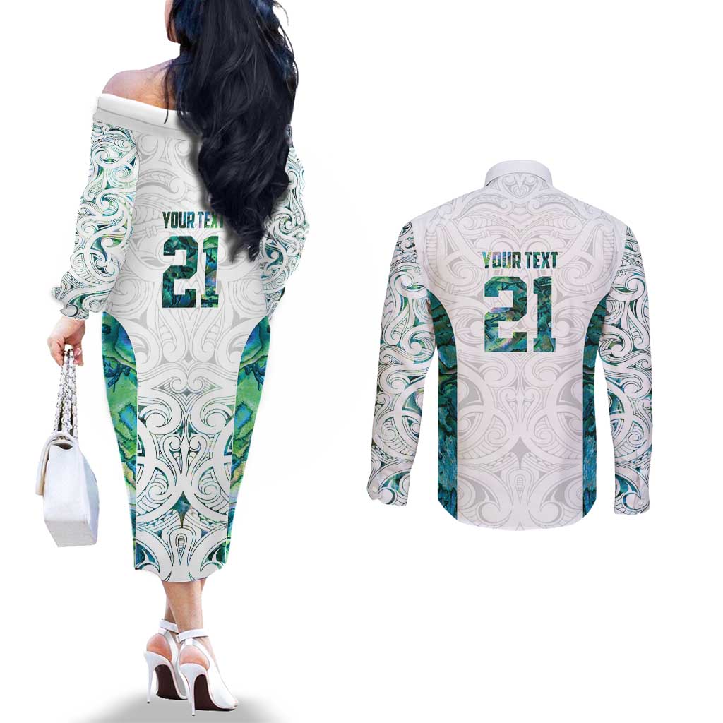 Custom New Zealand Aotearoa Couples Matching Off The Shoulder Long Sleeve Dress and Long Sleeve Button Shirt Green Maori Paua Shell Indigenous - Aussie Hoodie