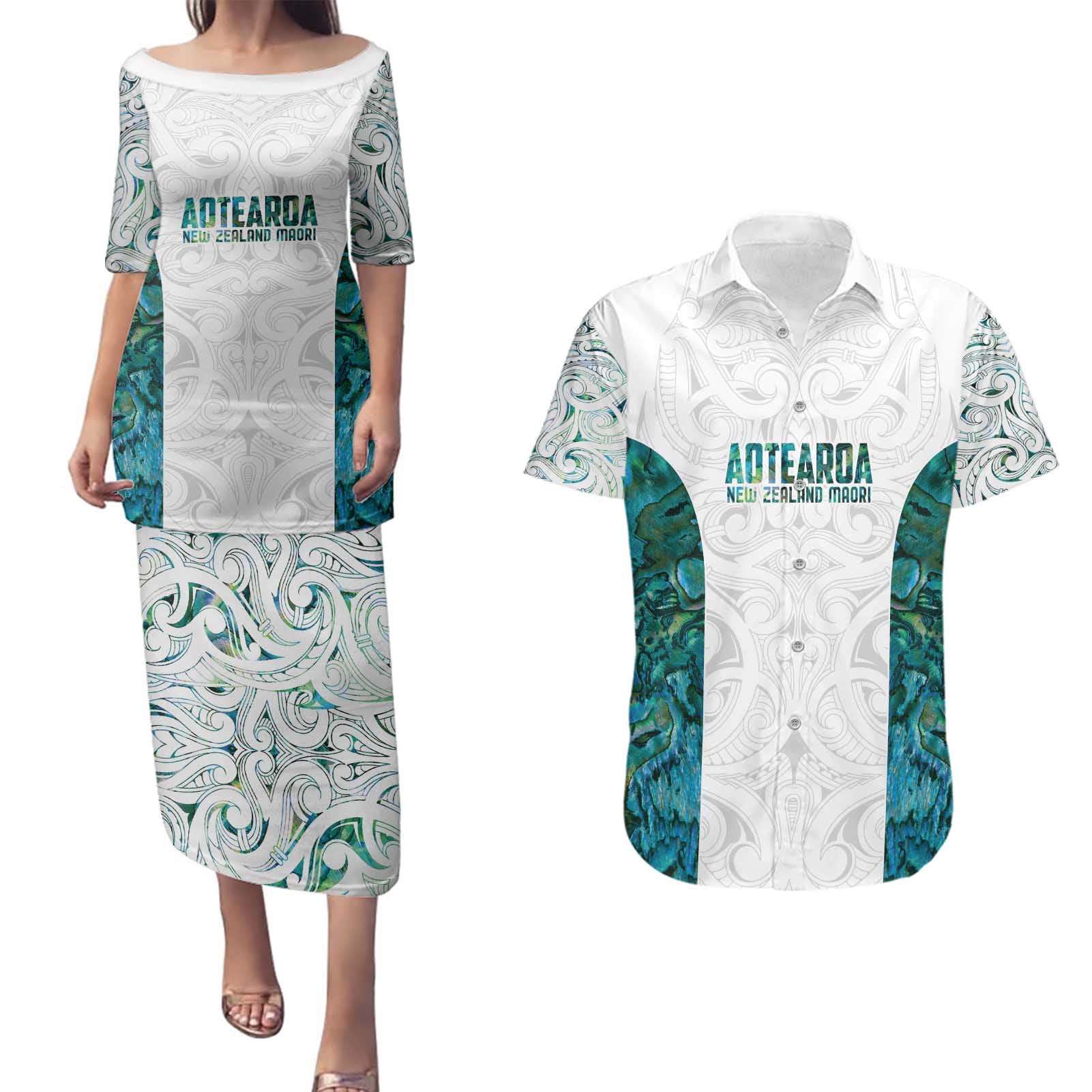 Custom New Zealand Aotearoa Couples Matching Puletasi and Hawaiian Shirt Green Maori Paua Shell Indigenous - Aussie Hoodie