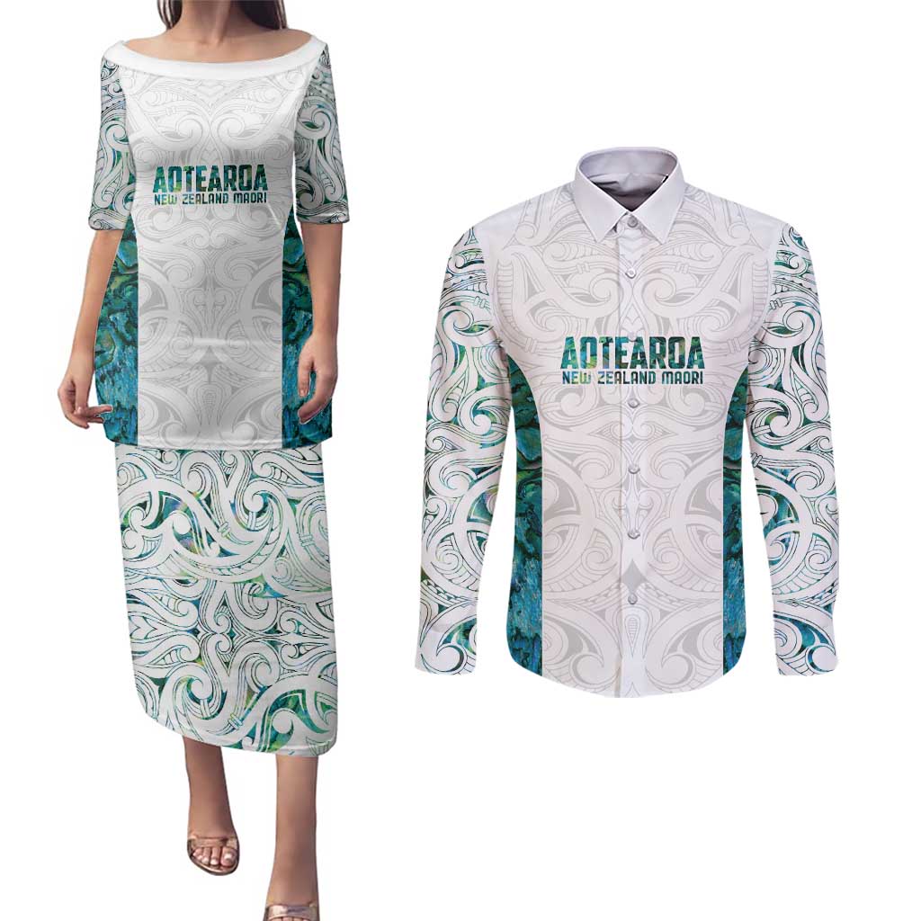 Custom New Zealand Aotearoa Couples Matching Puletasi and Long Sleeve Button Shirt Green Maori Paua Shell Indigenous - Aussie Hoodie