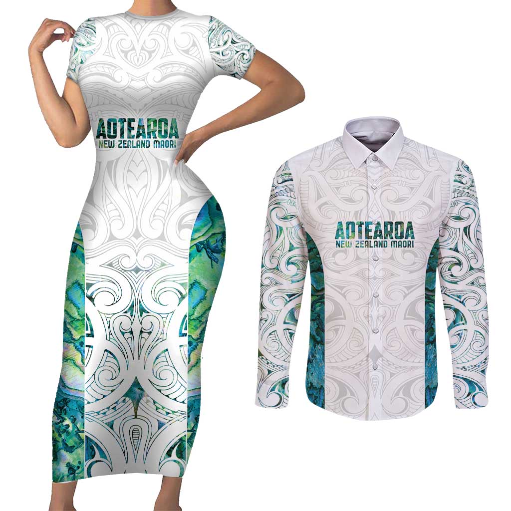 Custom New Zealand Aotearoa Couples Matching Short Sleeve Bodycon Dress and Long Sleeve Button Shirt Green Maori Paua Shell Indigenous - Aussie Hoodie