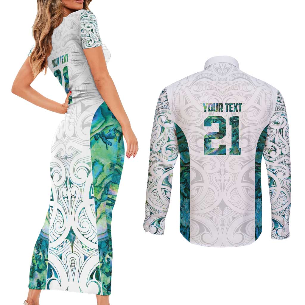 Custom New Zealand Aotearoa Couples Matching Short Sleeve Bodycon Dress and Long Sleeve Button Shirt Green Maori Paua Shell Indigenous - Aussie Hoodie