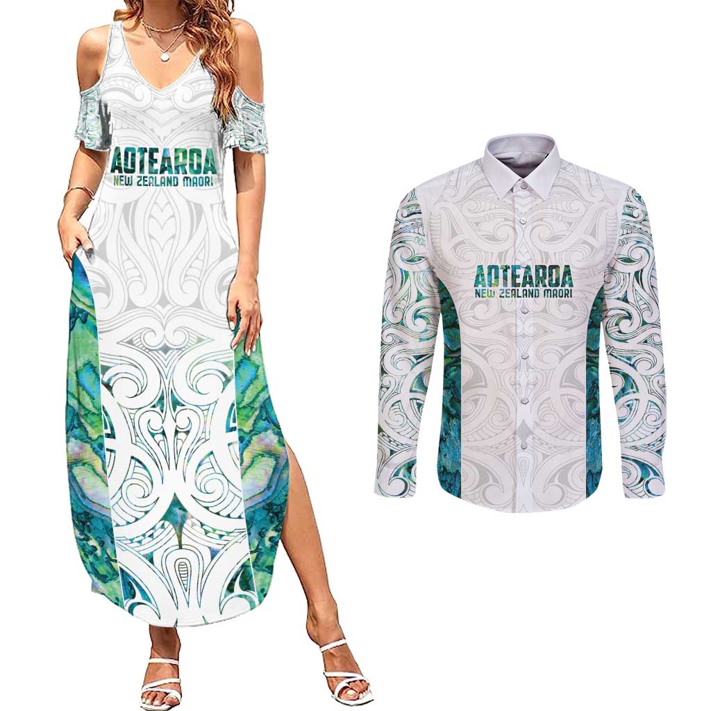Custom New Zealand Aotearoa Couples Matching Summer Maxi Dress and Long Sleeve Button Shirt Green Maori Paua Shell Indigenous - Aussie Hoodie