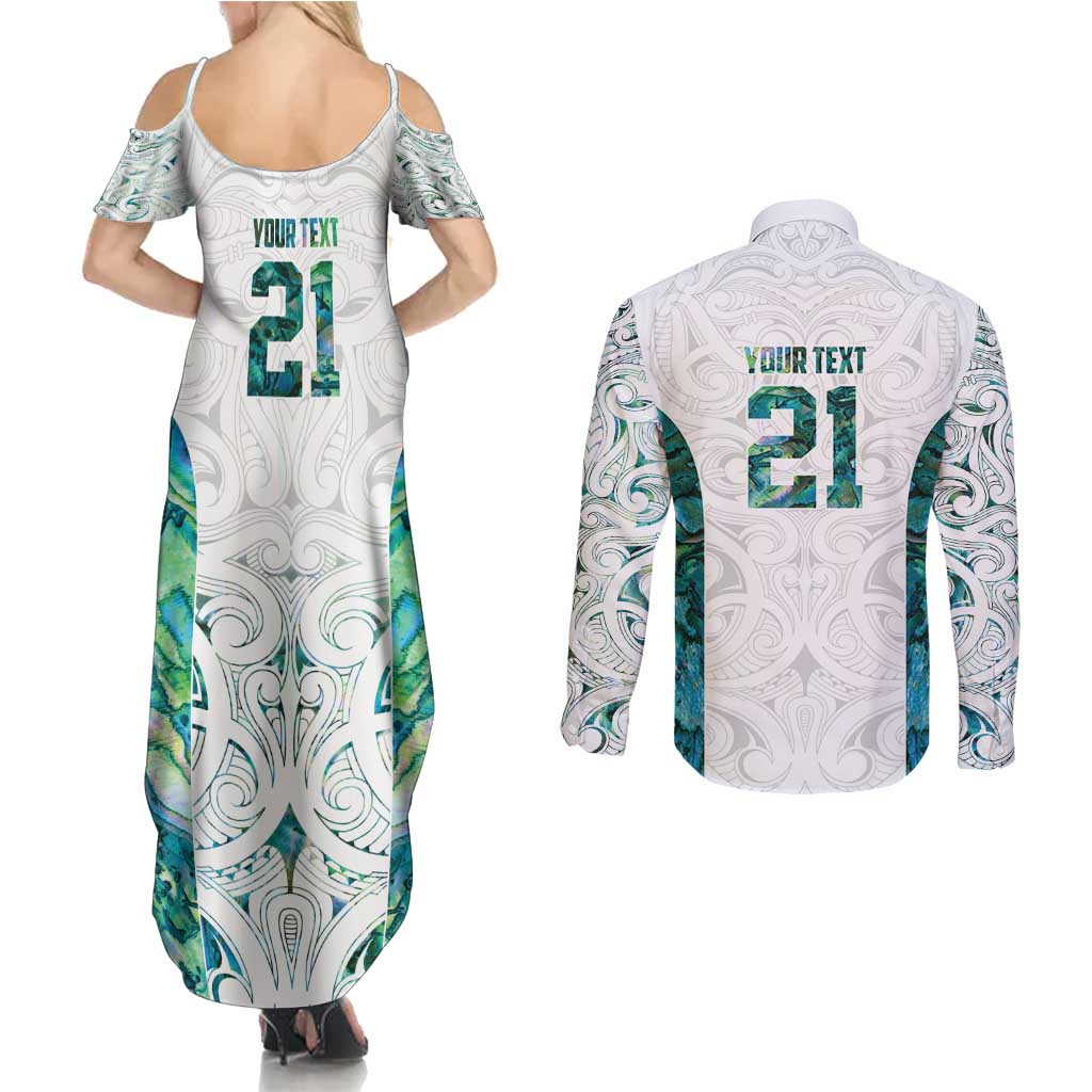 Custom New Zealand Aotearoa Couples Matching Summer Maxi Dress and Long Sleeve Button Shirt Green Maori Paua Shell Indigenous - Aussie Hoodie