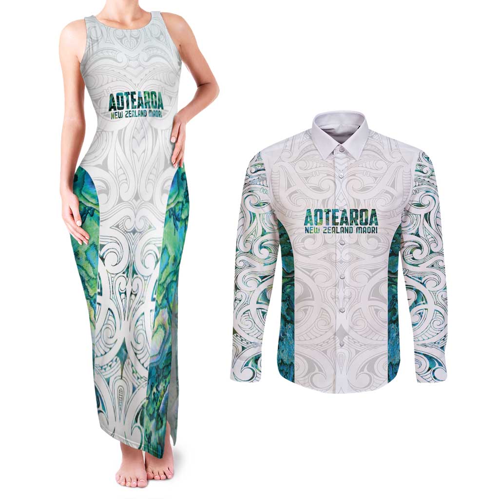 Custom New Zealand Aotearoa Couples Matching Tank Maxi Dress and Long Sleeve Button Shirt Green Maori Paua Shell Indigenous - Aussie Hoodie