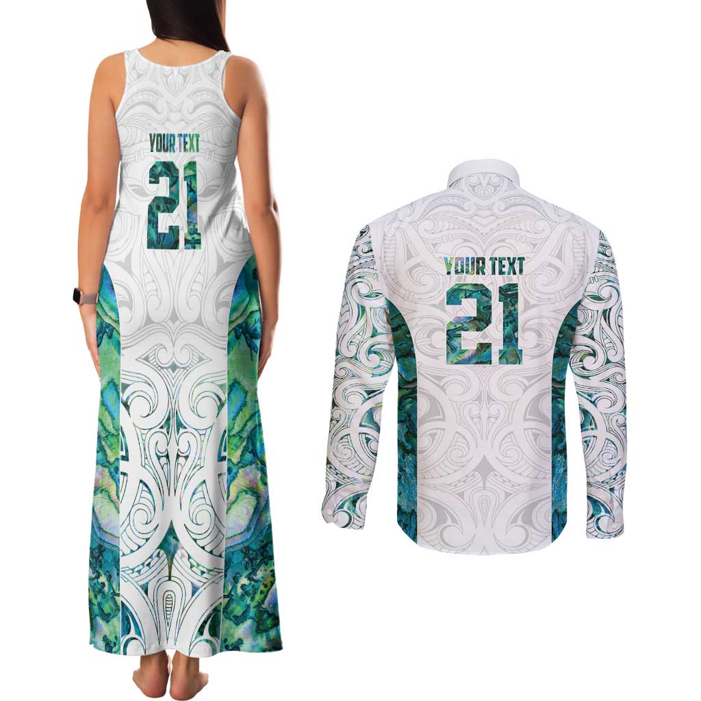 Custom New Zealand Aotearoa Couples Matching Tank Maxi Dress and Long Sleeve Button Shirt Green Maori Paua Shell Indigenous - Aussie Hoodie