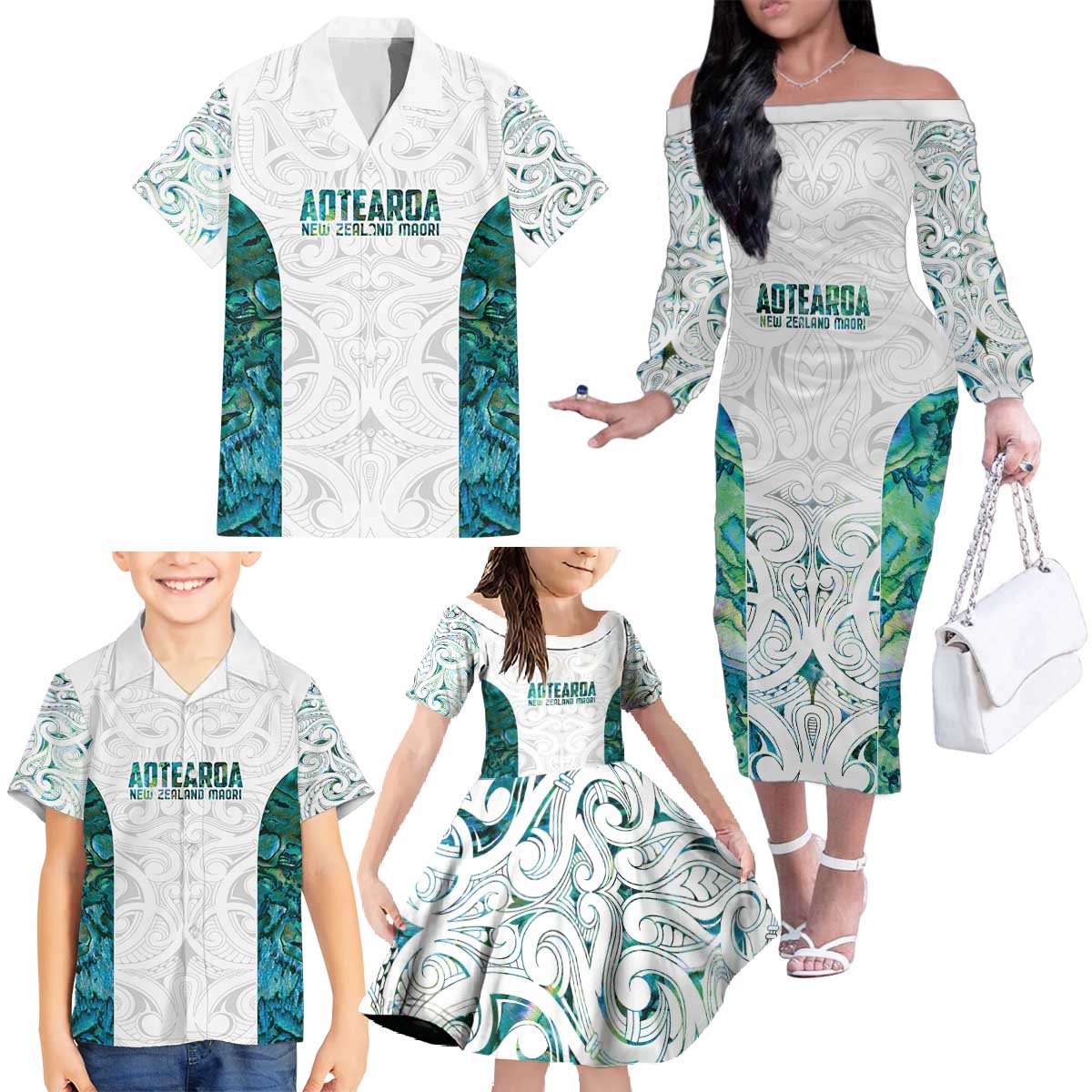 Custom New Zealand Aotearoa Family Matching Off The Shoulder Long Sleeve Dress and Hawaiian Shirt Green Maori Paua Shell Indigenous - Aussie Hoodie