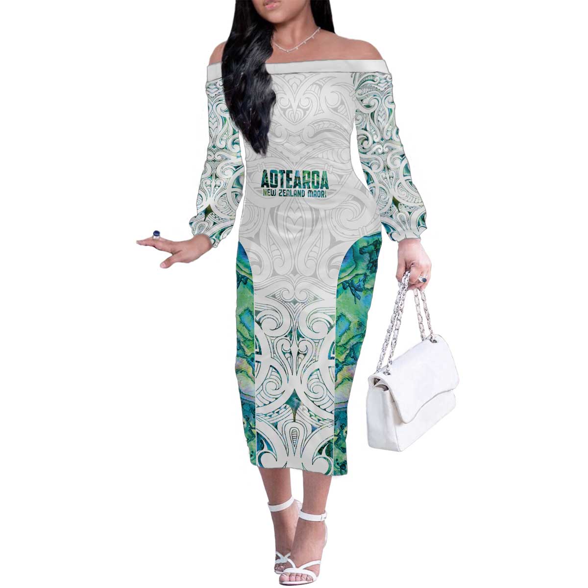 Custom New Zealand Aotearoa Family Matching Off The Shoulder Long Sleeve Dress and Hawaiian Shirt Green Maori Paua Shell Indigenous - Aussie Hoodie