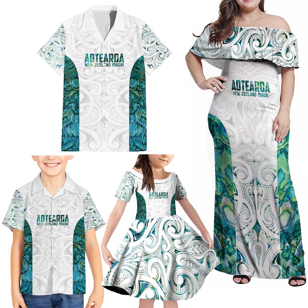 Custom New Zealand Aotearoa Family Matching Off Shoulder Maxi Dress and Hawaiian Shirt Green Maori Paua Shell Indigenous - Aussie Hoodie