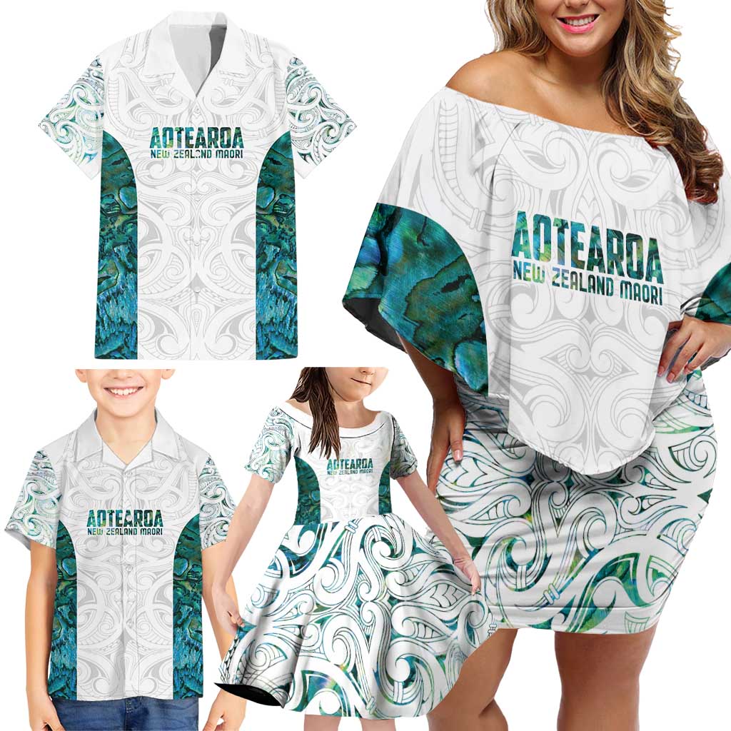 Custom New Zealand Aotearoa Family Matching Off Shoulder Short Dress and Hawaiian Shirt Green Maori Paua Shell Indigenous - Aussie Hoodie