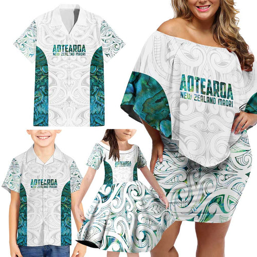 Custom New Zealand Aotearoa Family Matching Off Shoulder Short Dress and Hawaiian Shirt Green Maori Paua Shell Indigenous - Aussie Hoodie