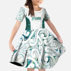 Custom New Zealand Aotearoa Kid Short Sleeve Dress Green Maori Paua Shell Indigenous - Aussie Hoodie