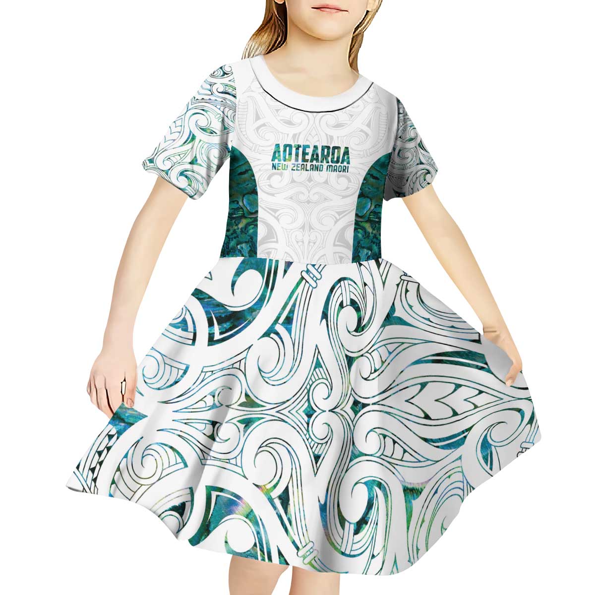 Custom New Zealand Aotearoa Kid Short Sleeve Dress Green Maori Paua Shell Indigenous - Aussie Hoodie