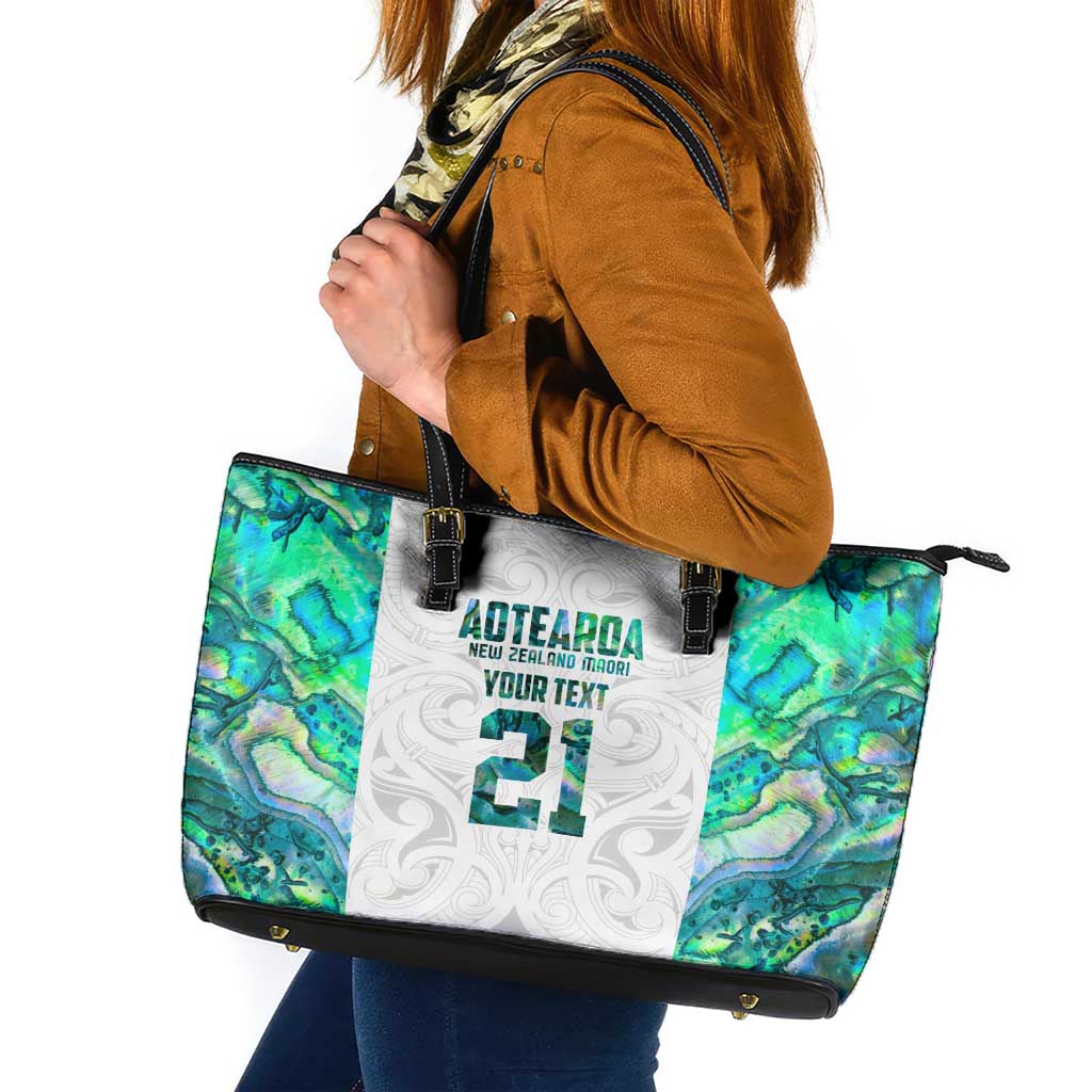 Custom New Zealand Aotearoa Leather Tote Bag Green Maori Paua Shell Indigenous - Aussie Hoodie