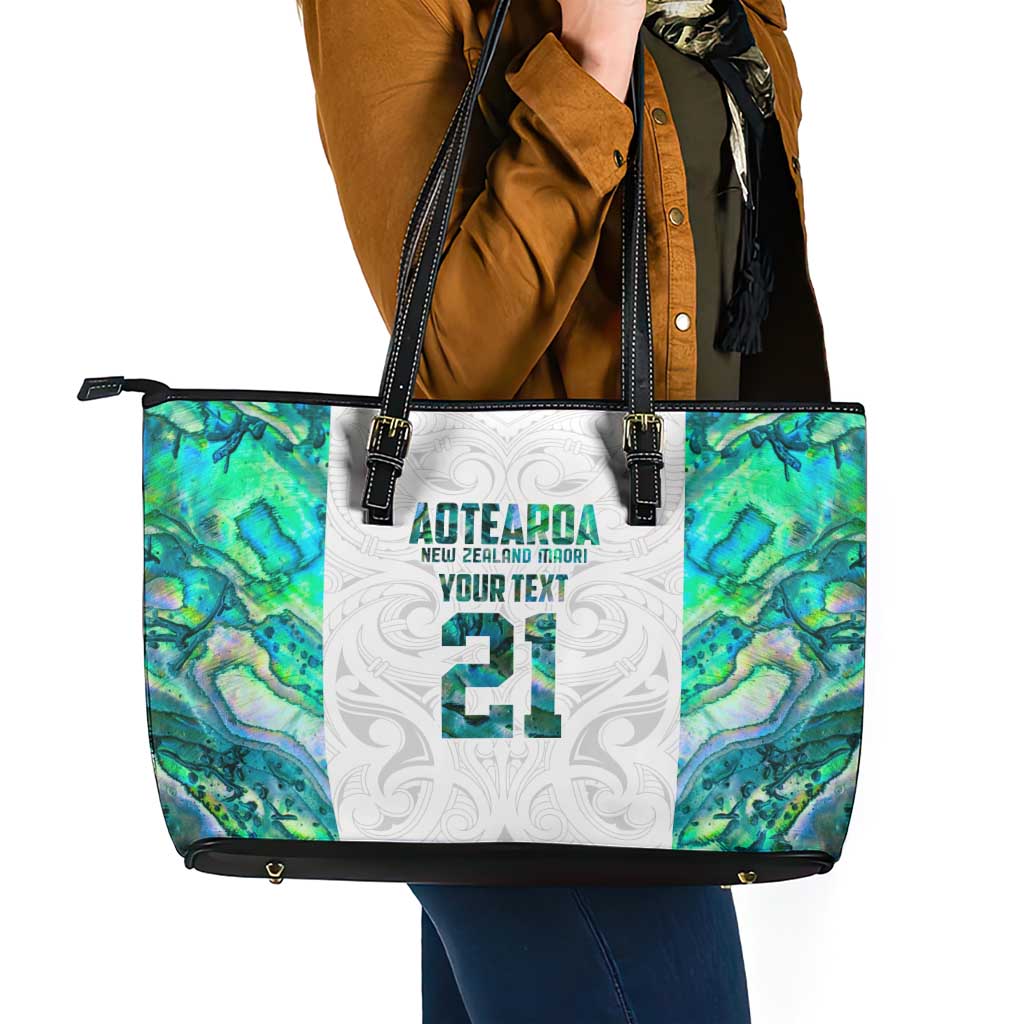 Custom New Zealand Aotearoa Leather Tote Bag Green Maori Paua Shell Indigenous - Aussie Hoodie