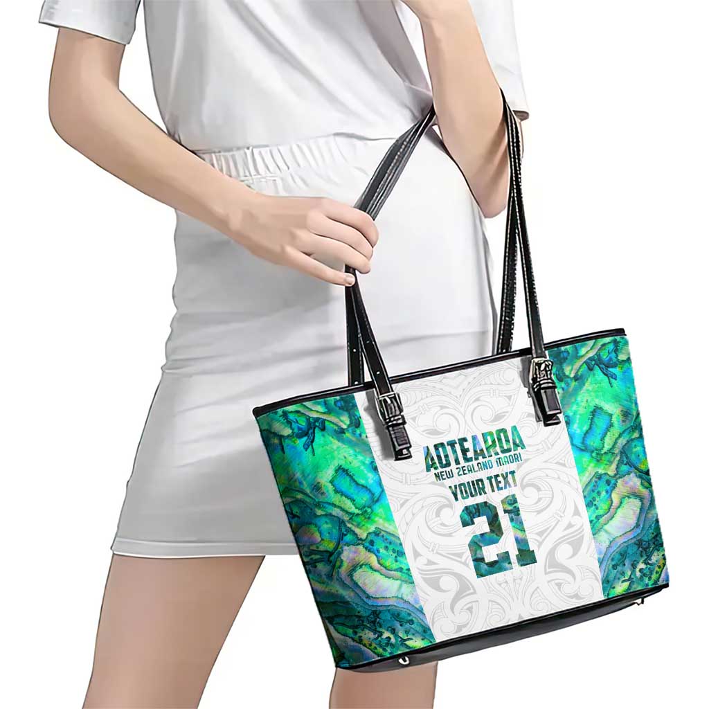 Custom New Zealand Aotearoa Leather Tote Bag Green Maori Paua Shell Indigenous - Aussie Hoodie
