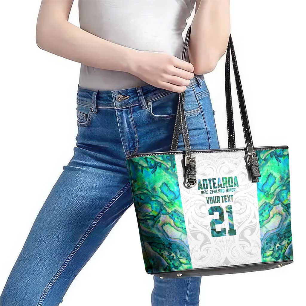 Custom New Zealand Aotearoa Leather Tote Bag Green Maori Paua Shell Indigenous - Aussie Hoodie
